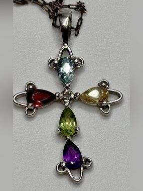 Vintage Ross Simons RSE Silver Multi Gem Cross Pendant Two Tone 14K GF Chain